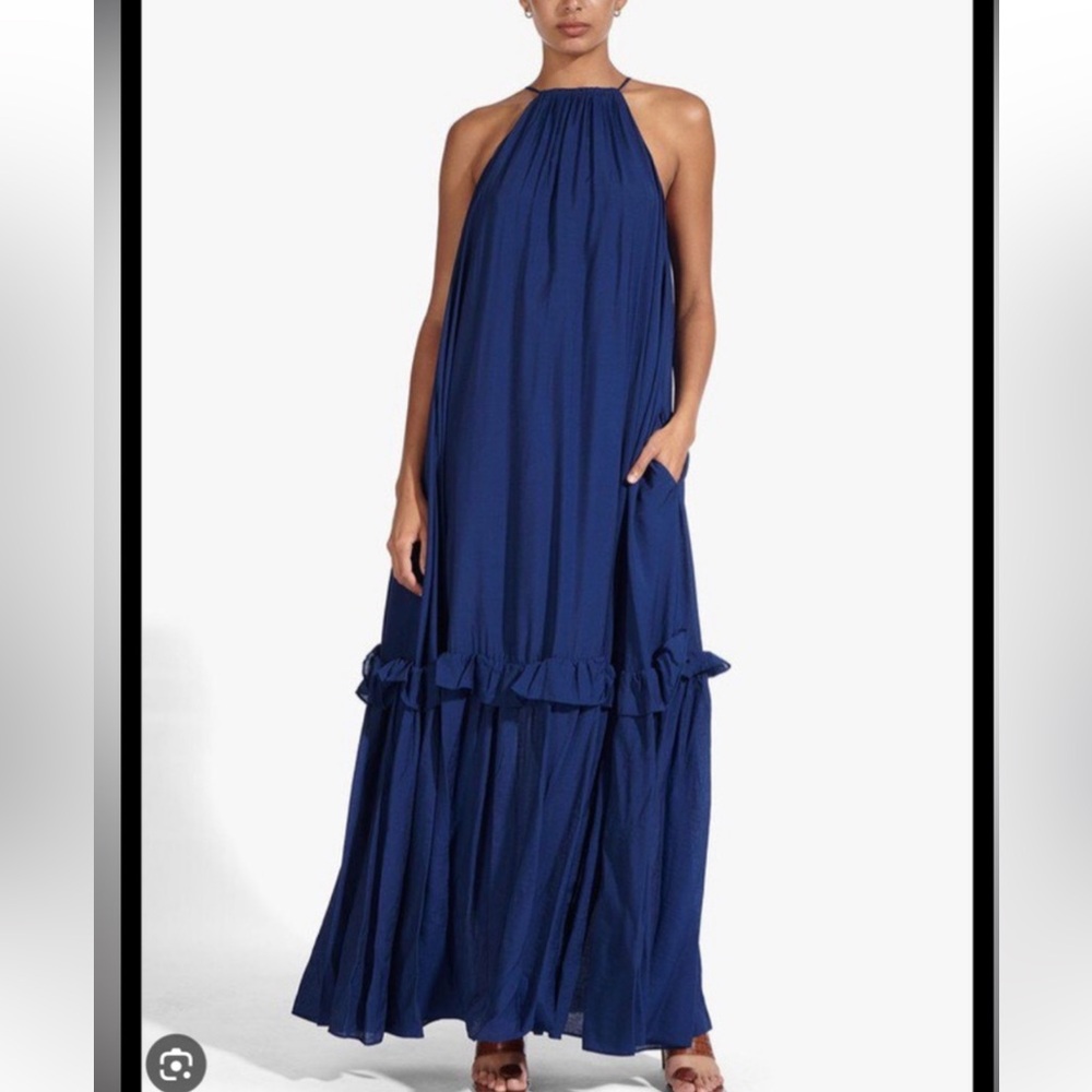 STAUD Cobalt Halter Ruffle-Tier Maxi Dress